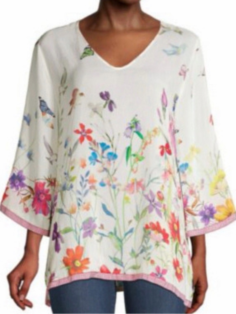 Johnny Was Suri Sheer White Floral V-Neck Tunic Blouse size L